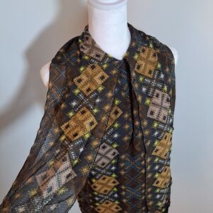 St. John SoCa Aztec Print Brown Silk Sleeveless Shirt Top Neck Tie Size P (0/2)
